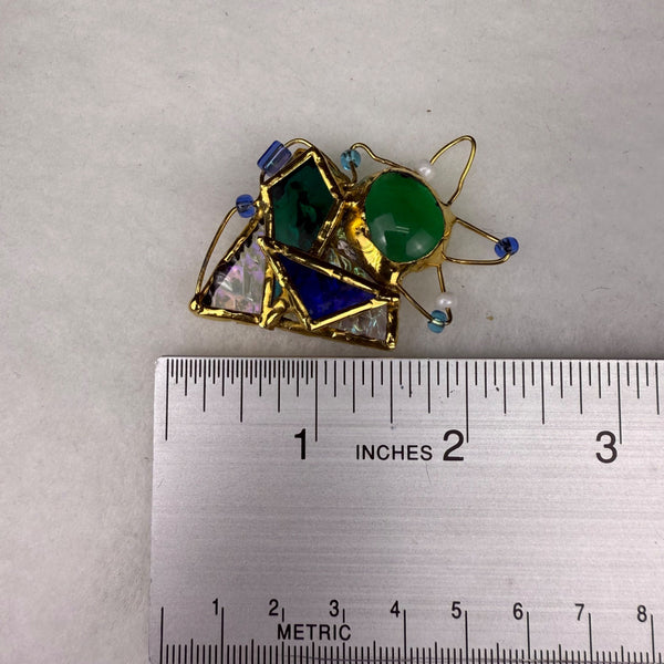Abstract Gold Tone & Multicolor Glass Brooch Artistic Pin Unique Design