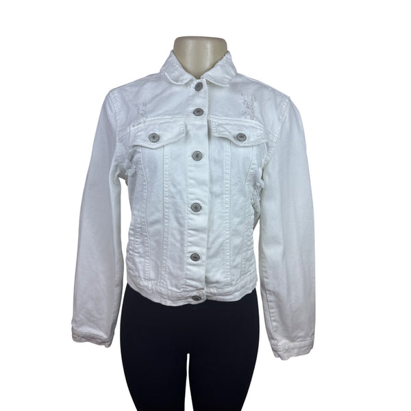 Love Tree Women's White Distressed Denim Jacket With Button Front & Pockets Size S