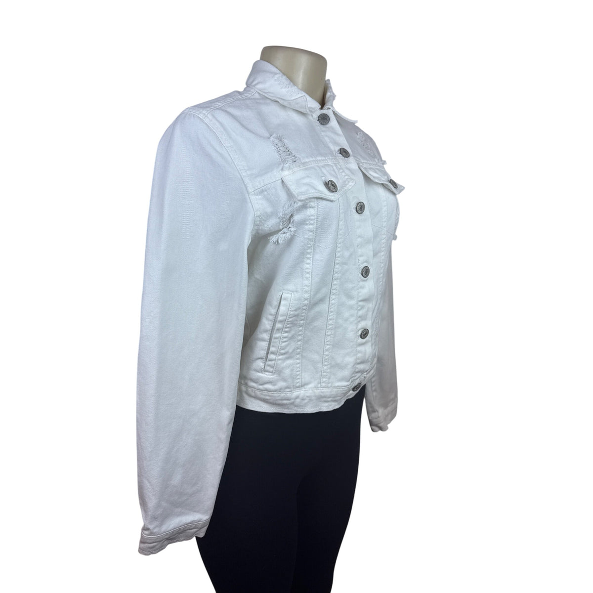 Love Tree Women's White Distressed Denim Jacket With Button Front & Pockets Size S