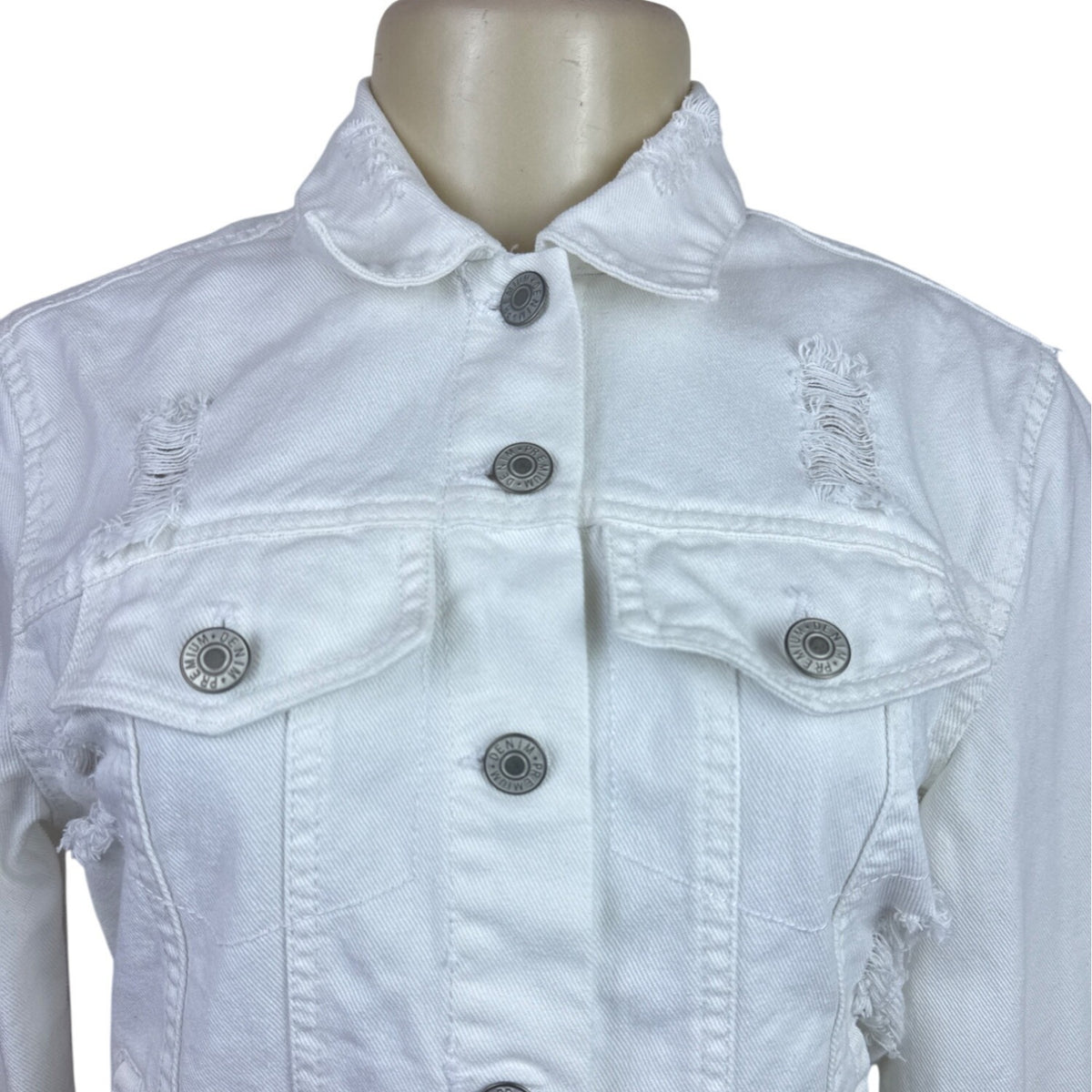 Love Tree Women's White Distressed Denim Jacket With Button Front & Pockets Size S