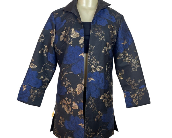 Grace Chuang Womens Blue & Gold Floral Brocade Blazer Size S - New