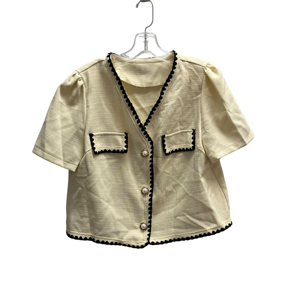 Pearl Button Trimmed Womens Cream & Black Short Sleeve Top Medium Polyester