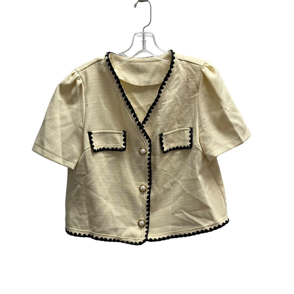 Pearl Button Trimmed Womens Cream & Black Short Sleeve Top Medium Polyester