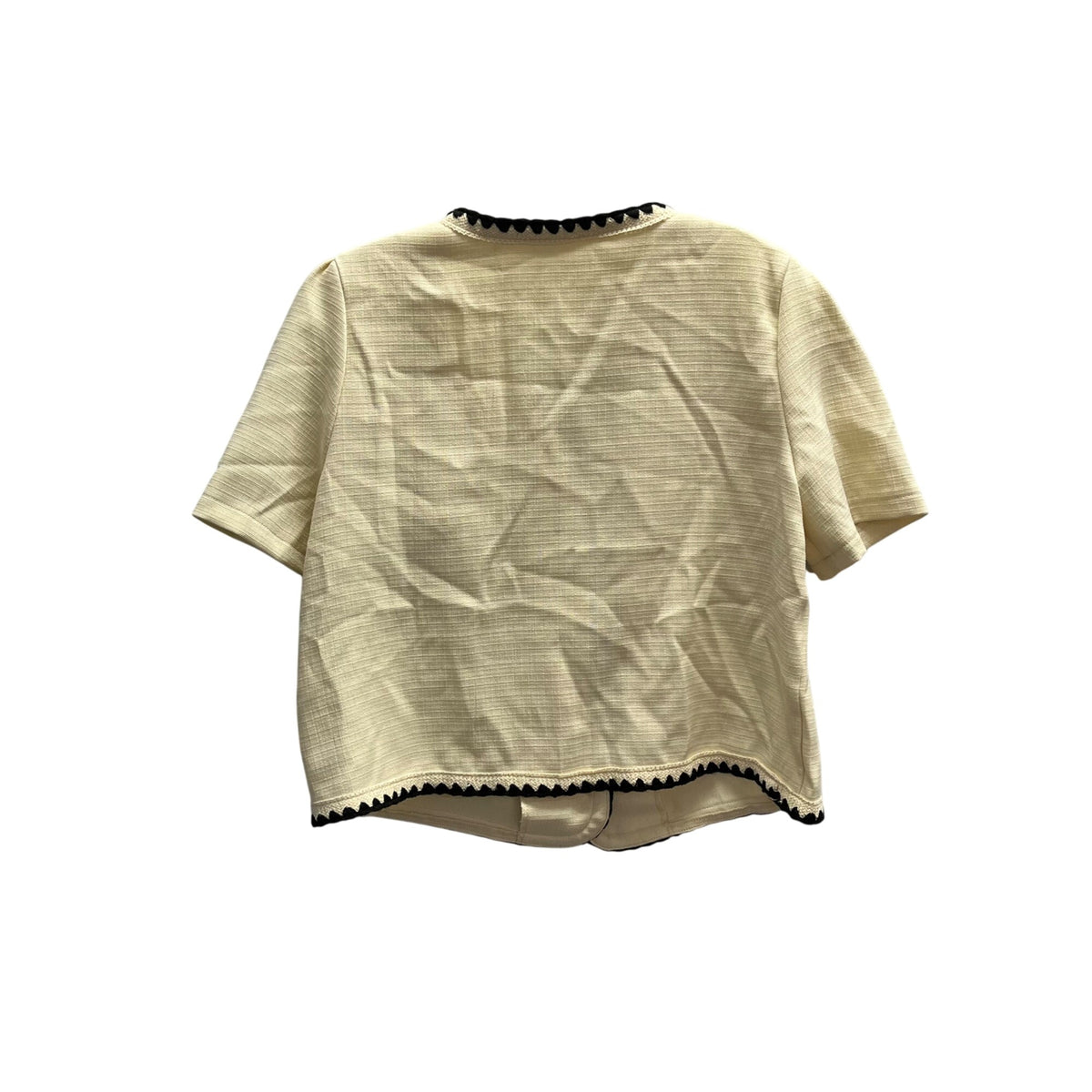 Pearl Button Trimmed Womens Cream & Black Short Sleeve Top Medium Polyester