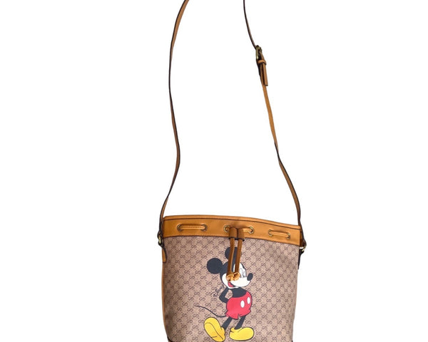 Gucci controllafo Women's Tan Brown Mickey Mouse Graphic Bucket Bag Sz M
