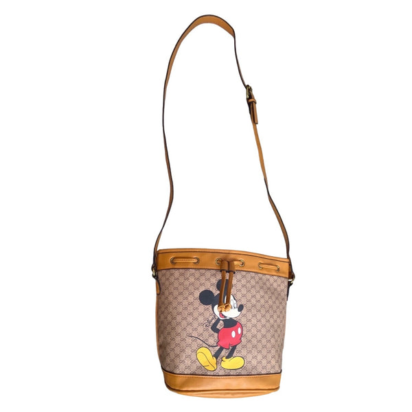 Gucci controllafo Women's Tan Brown Mickey Mouse Graphic Bucket Bag Sz M