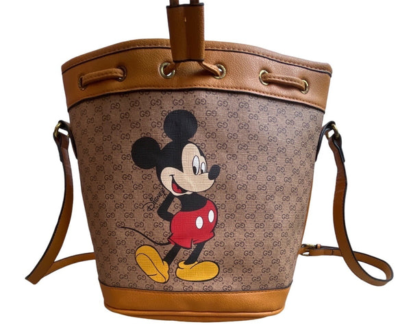 Gucci controllafo Women's Tan Brown Mickey Mouse Graphic Bucket Bag Sz M