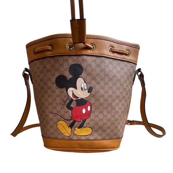Gucci controllafo Women's Tan Brown Mickey Mouse Graphic Bucket Bag Sz M