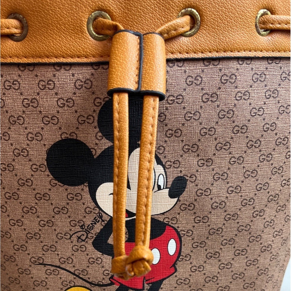 Gucci controllafo Women's Tan Brown Mickey Mouse Graphic Bucket Bag Sz M