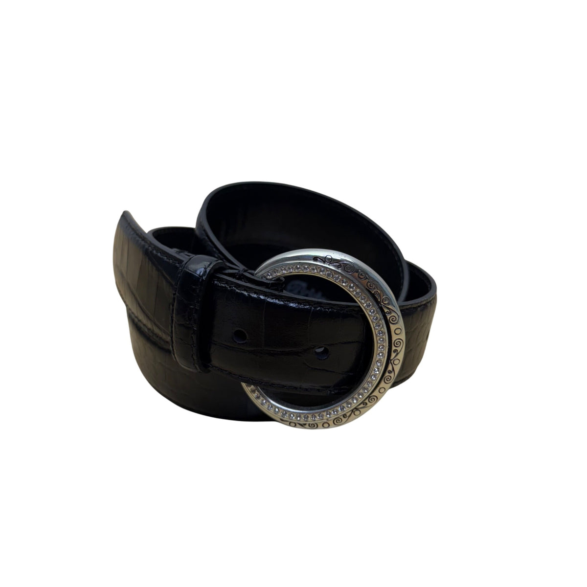 Brighton Black Faux Leather Belt With Silver Rhinestone Buckle Embossed Design