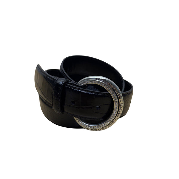 Brighton Black Faux Leather Belt With Silver Rhinestone Buckle Embossed Design