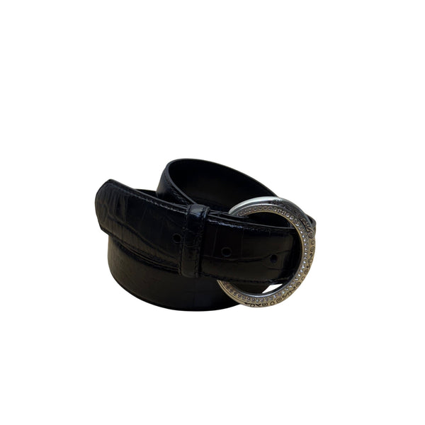Brighton Black Faux Leather Belt With Silver Rhinestone Buckle Embossed Design