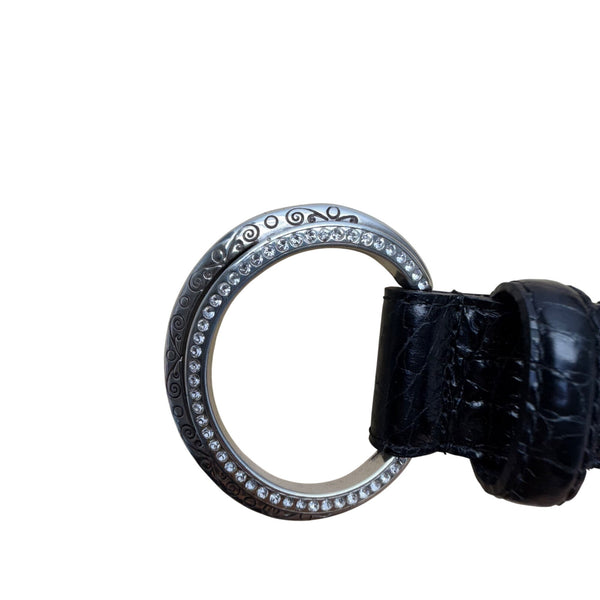 Brighton Black Faux Leather Belt With Silver Rhinestone Buckle Embossed Design