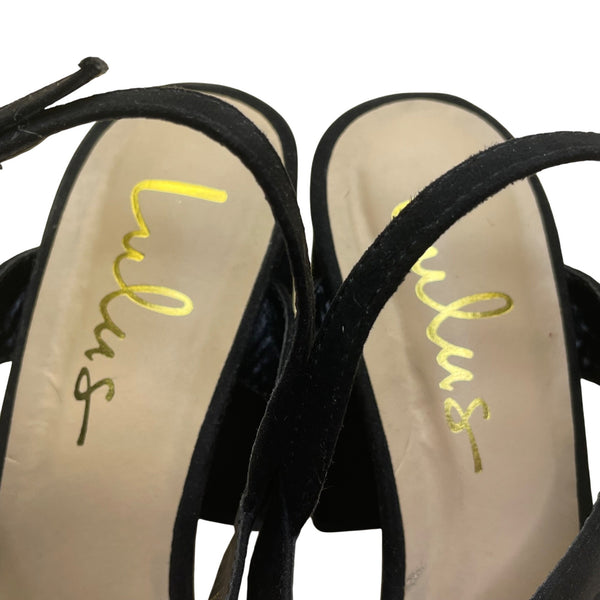 Lulus Women’s Black Fabric Adjustable Strap Open Toe Acee Platform Heels Sz 6.5