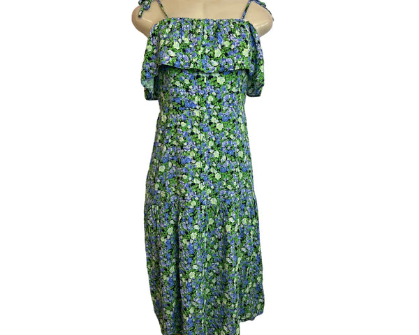 Hit Women's Green Floral Print Midi Loupette Sleeveless Dress Sz M