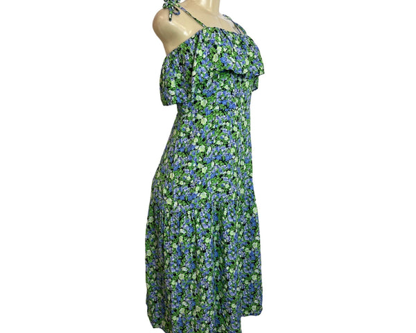 Hit Women's Green Floral Print Midi Loupette Sleeveless Dress Sz M