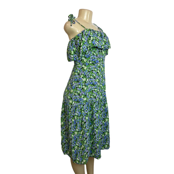 Hit Women's Green Floral Print Midi Loupette Sleeveless Dress Sz M