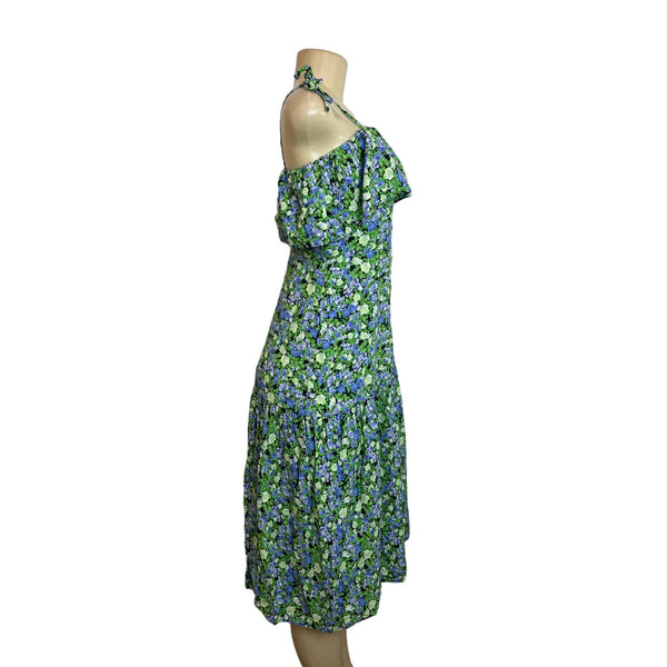 Hit Women's Green Floral Print Midi Loupette Sleeveless Dress Sz M