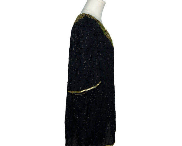 Vintage Stenay Black Silk Beaded Top With Embroidered Accents Sz 2X