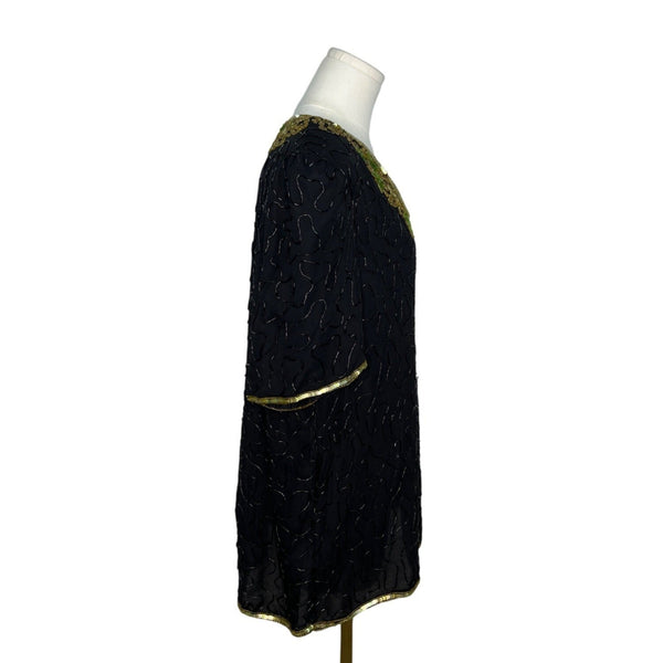Vintage Stenay Black Silk Beaded Top With Embroidered Accents Sz 2X