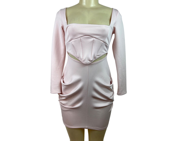 Asos Design Petite Pink Long Sleeve Mini Dress With Corset Detail & Cutout Sz 4P