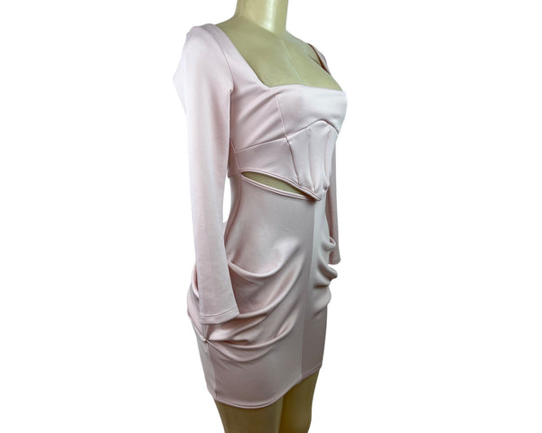 Asos Design Petite Pink Long Sleeve Mini Dress With Corset Detail & Cutout Sz 4P
