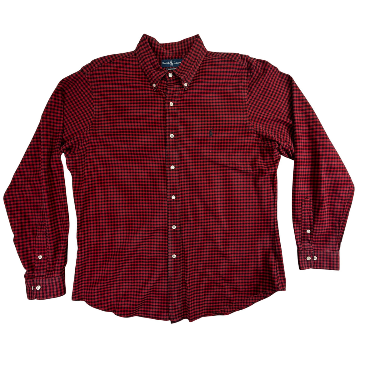 Ralph Lauren Mens Red Black Button-Up Gingham Shirt Long Sleeves Sz 17/XL