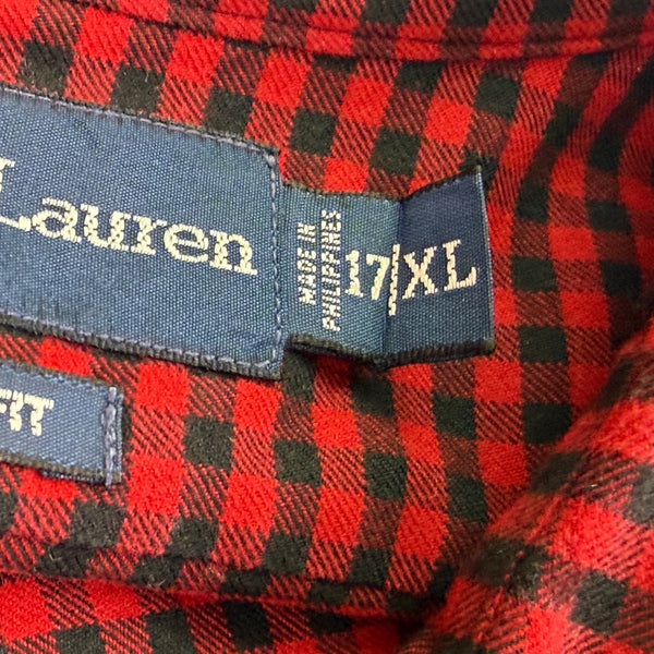 Ralph Lauren Mens Red Black Button-Up Gingham Shirt Long Sleeves Sz 17/XL
