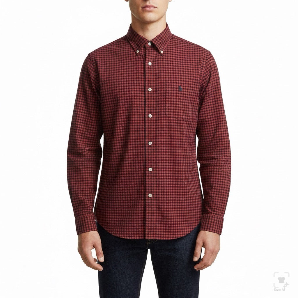 Ralph Lauren Mens Red Black Button-Up Gingham Shirt Long Sleeves Sz 17/XL