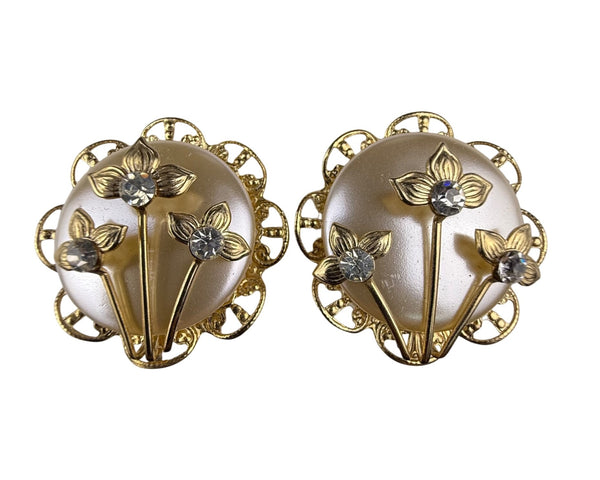 Vintage Gold Tone Flower Clip-On Earrings With Rhinestone Accents Round Filigree Design