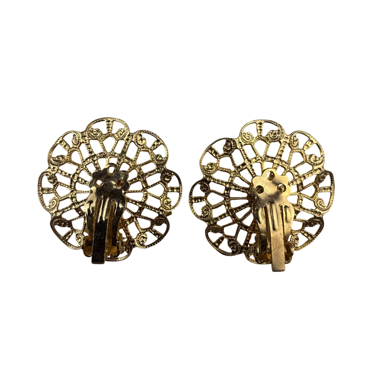 Vintage Gold Tone Flower Clip-On Earrings With Rhinestone Accents Round Filigree Design