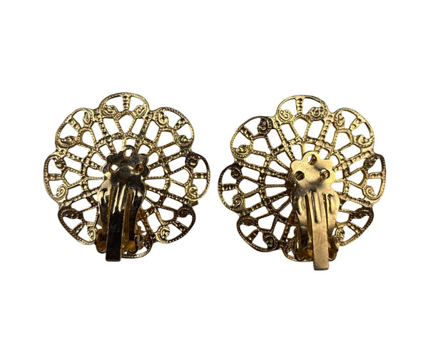 Vintage Gold Tone Flower Clip-On Earrings With Rhinestone Accents Round Filigree Design