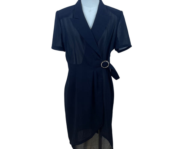 Hongxiang Clothing Black Wrap Sheer Short Sleeve Mid-Length Belted Dress
