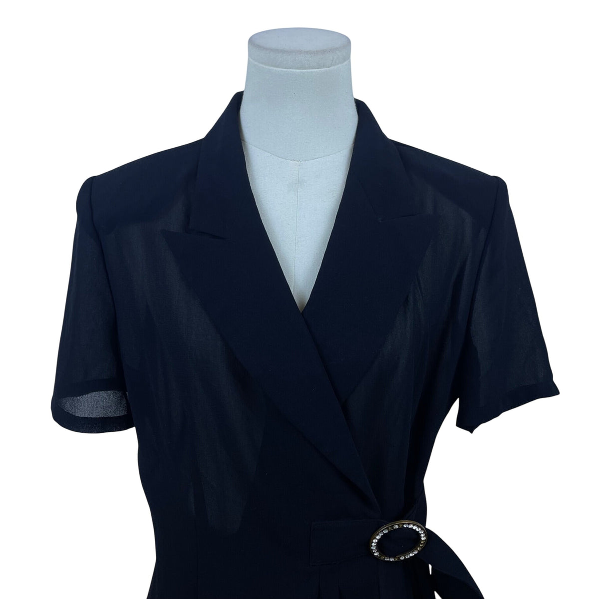 Hongxiang Clothing Black Wrap Sheer Short Sleeve Mid-Length Belted Dress