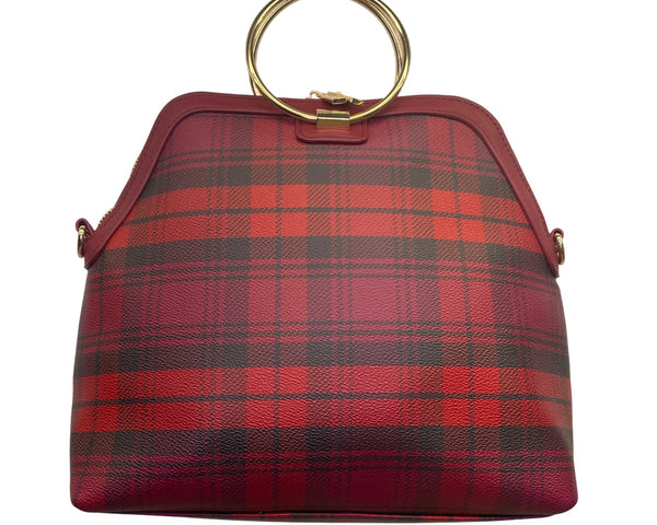 Iman Women’s Burgundy/Red Faux Leather Plaid Gold Ring Handles Crossbody Tote