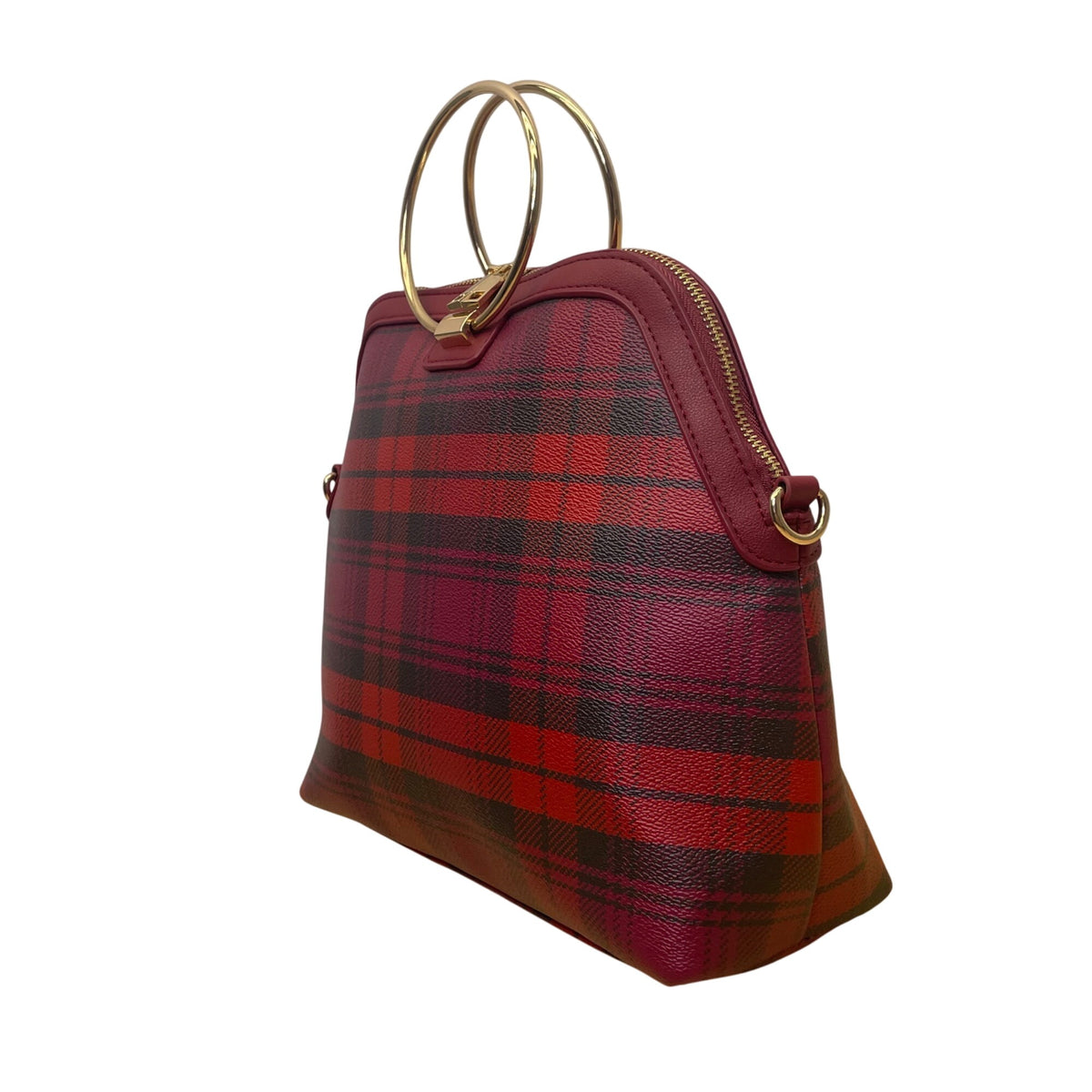 Iman Women’s Burgundy/Red Faux Leather Plaid Gold Ring Handles Crossbody Tote