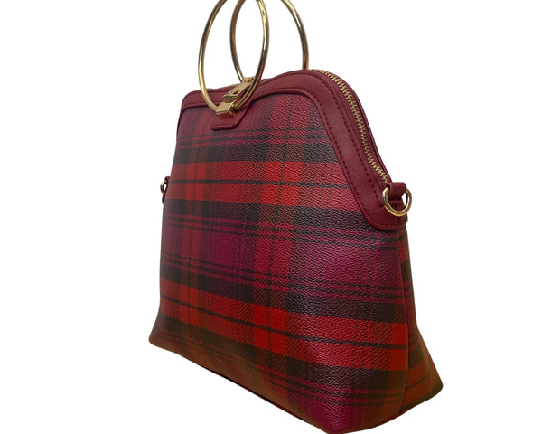 Iman Women’s Burgundy/Red Faux Leather Plaid Gold Ring Handles Crossbody Tote
