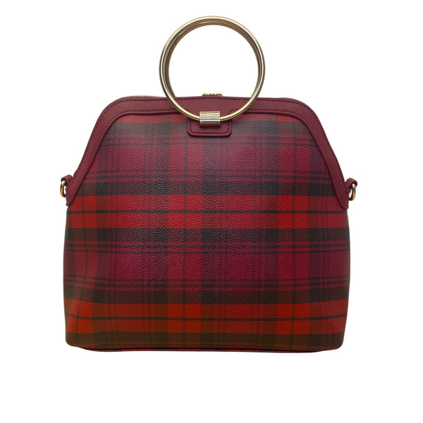 Iman Women’s Burgundy/Red Faux Leather Plaid Gold Ring Handles Crossbody Tote