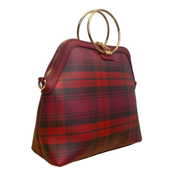 Iman Women’s Burgundy/Red Faux Leather Plaid Gold Ring Handles Crossbody Tote