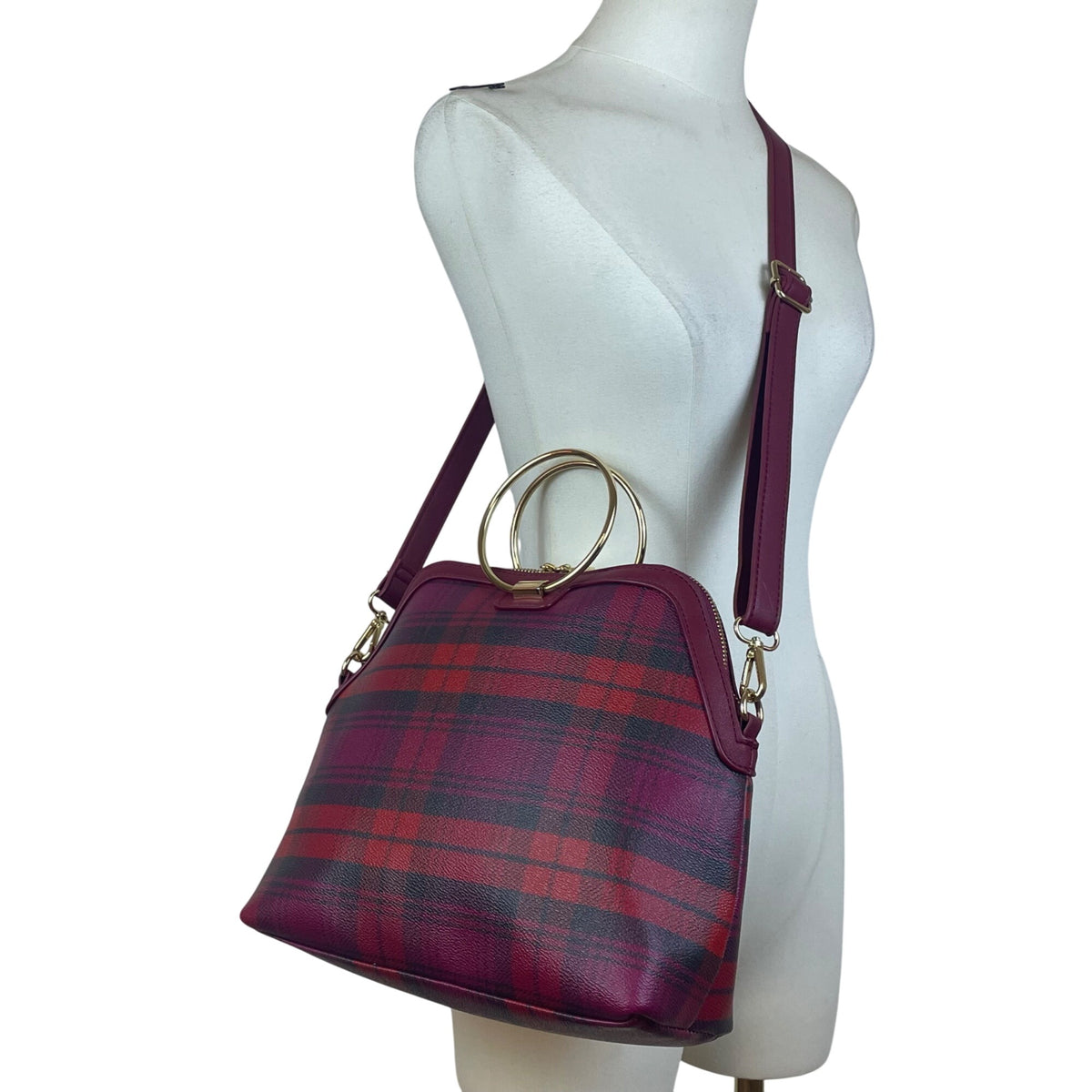 Iman Women’s Burgundy/Red Faux Leather Plaid Gold Ring Handles Crossbody Tote