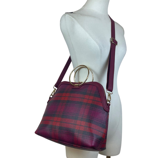 Iman Women’s Burgundy/Red Faux Leather Plaid Gold Ring Handles Crossbody Tote