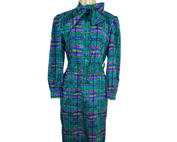 Vintage 80s Don Elliot Women’s Abstract Print Long-Sleeve Belted Dress Size 8