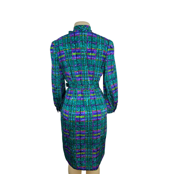 Vintage 80s Don Elliot Women’s Abstract Print Long-Sleeve Belted Dress Size 8