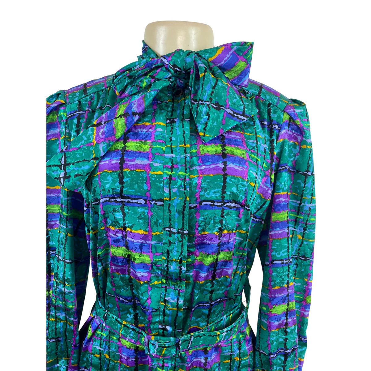 Vintage 80s Don Elliot Women’s Abstract Print Long-Sleeve Belted Dress Size 8