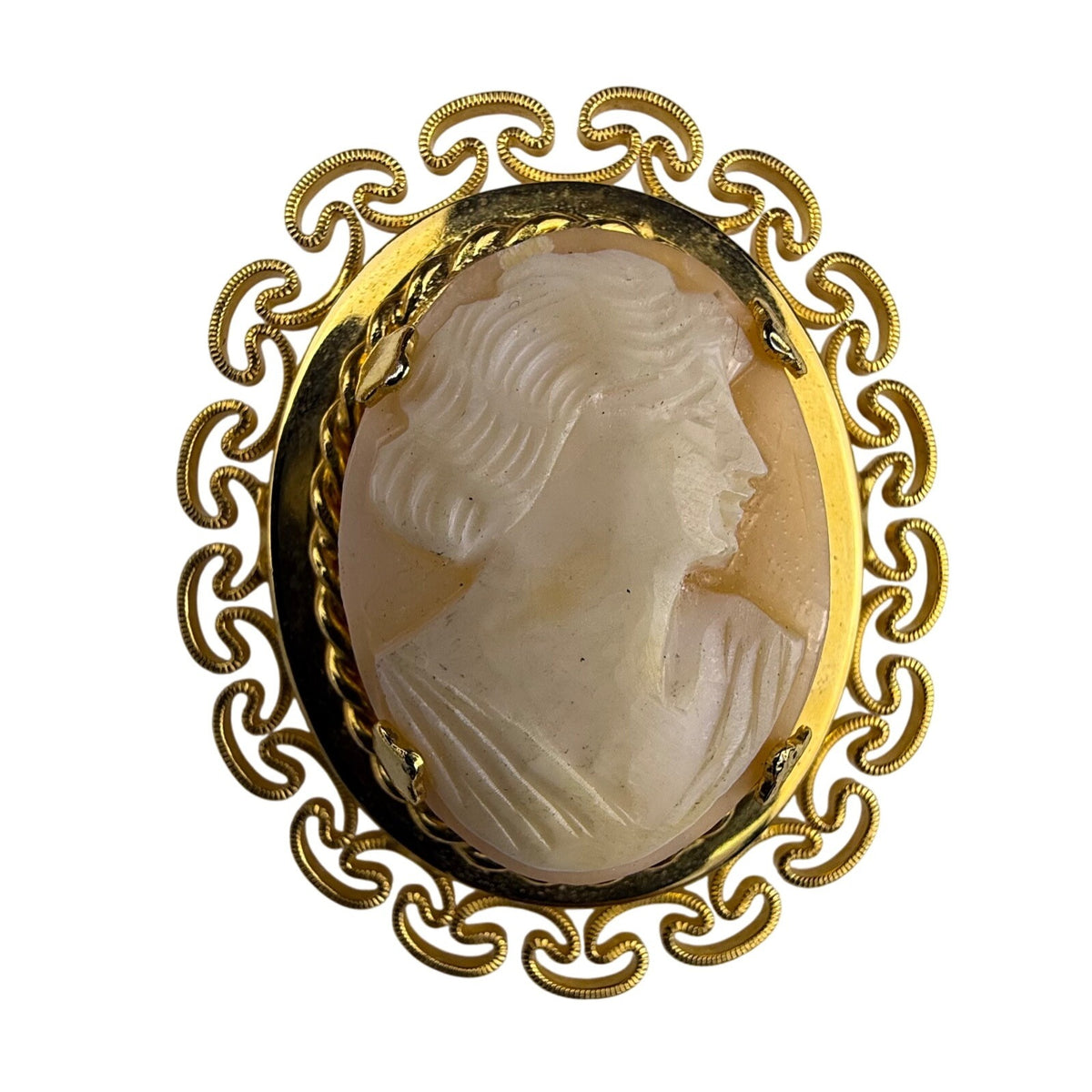 Vintage Cameo Brooch Gold Tone Oval White Stone Intricate Filigree Setting