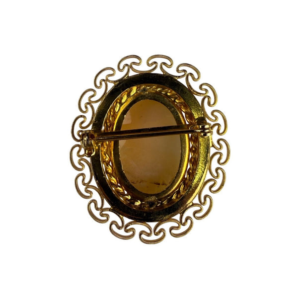 Vintage Cameo Brooch Gold Tone Oval White Stone Intricate Filigree Setting