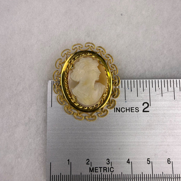 Vintage Cameo Brooch Gold Tone Oval White Stone Intricate Filigree Setting