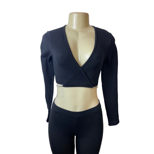 Zara Black Long Sleeve Wrap Crop Top W Rhinestone Chain Detail Sz M