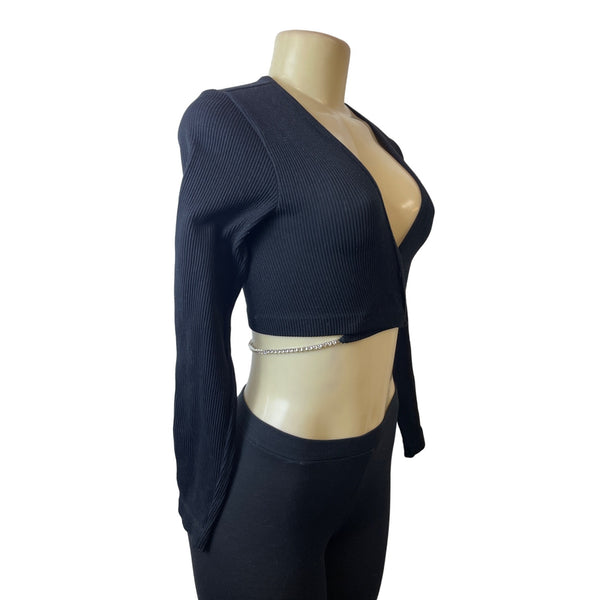 Zara Black Long Sleeve Wrap Crop Top W Rhinestone Chain Detail Sz M