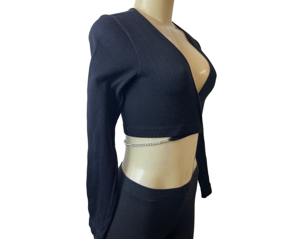 Zara Black Long Sleeve Wrap Crop Top W Rhinestone Chain Detail Sz M